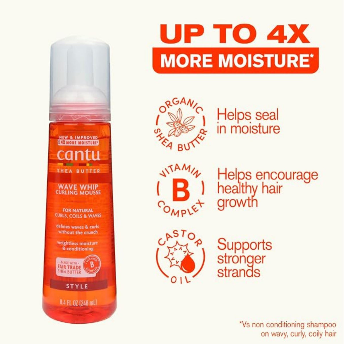 Refect Beauty Cantu Shea Butter Wave Whip Curling Mousse bottle with ingredient benefits for curly hair