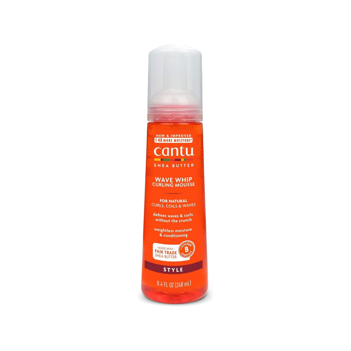 Refect Beauty Cantu Shea Butter Wave Whip Curling Mousse in an orange bottle for defined, frizz-free curls.