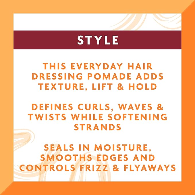 Refect Beauty Cantu Shea Butter Hair Dressing Pomade benefits graphic highlighting texture, hold, and frizz control.