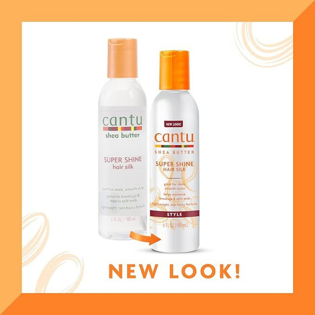 Refect Beauty Cantu Super Shine Hair Silk bottles showing old and new packaging designs for frizz control serum