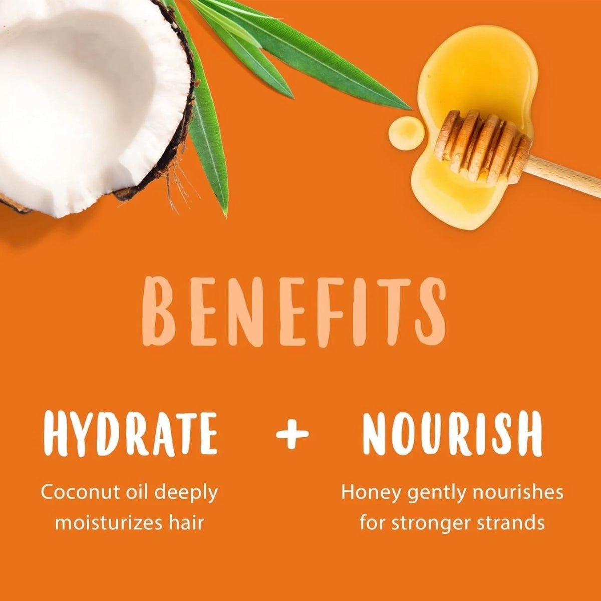 Refect Beauty Cantu Care For Kids conditioner benefits graphic featuring coconut oil and honey on orange background