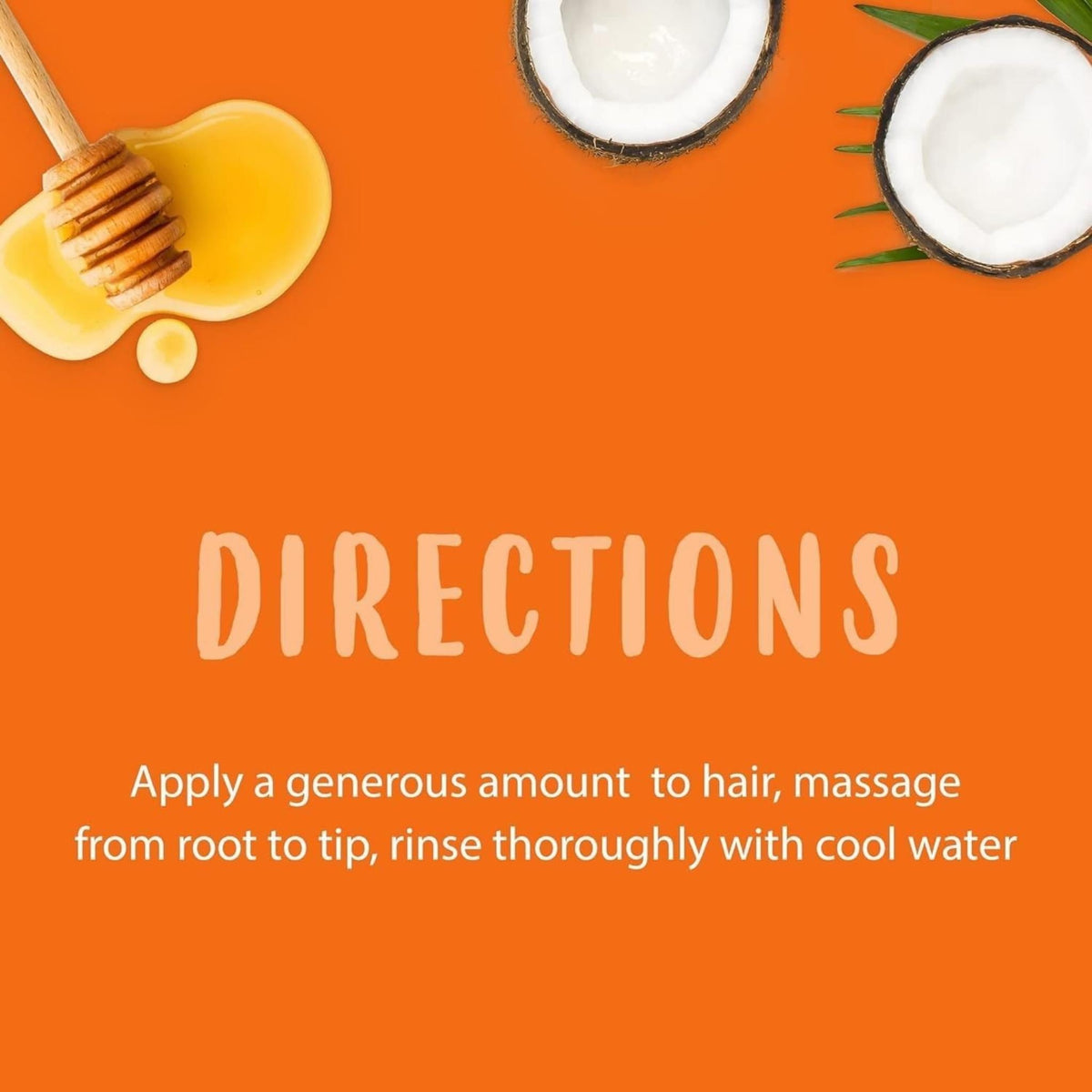 Refect Beauty Cantu Care For Kids conditioner directions graphic with honey dipper and coconut halves on orange background