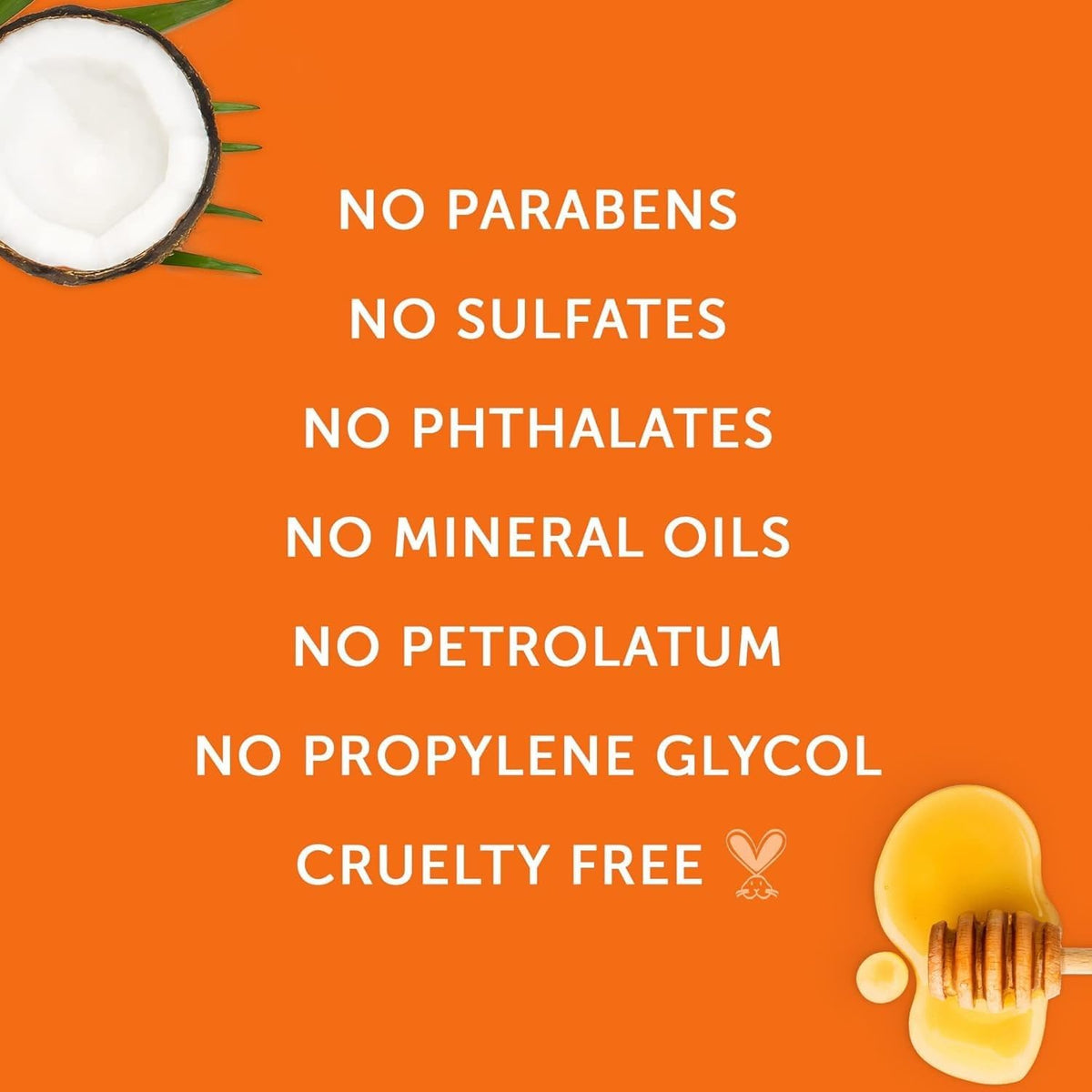 Refect Beauty Cantu Care For Kids conditioner ingredient benefits list on orange background with coconut and honey