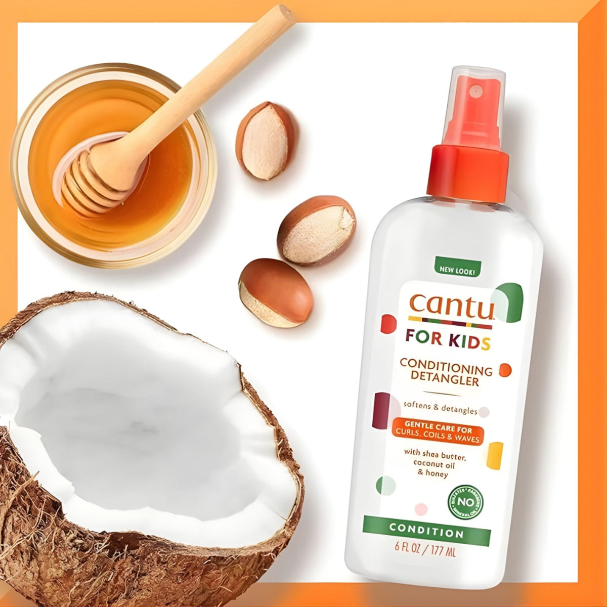Refect Beauty Cantu Care For Kids Conditioning Detangler spray bottle with shea butter, coconut, and honey ingredients