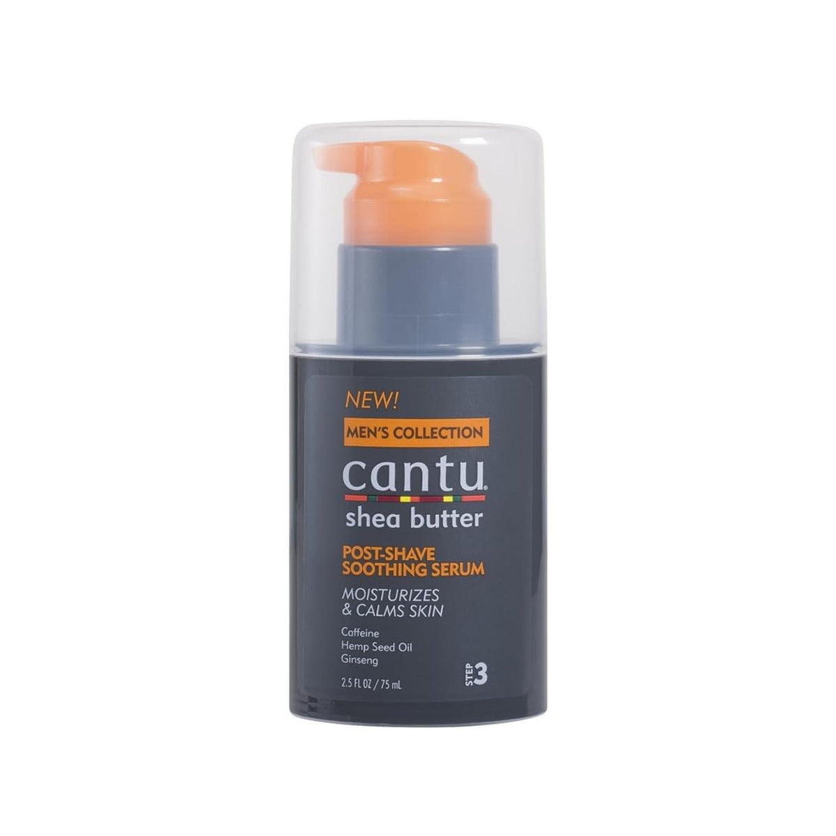 Refect Beauty Cantu Mens Post-Shave Soothing Serum bottle with orange pump and dark grey label for skin recovery.