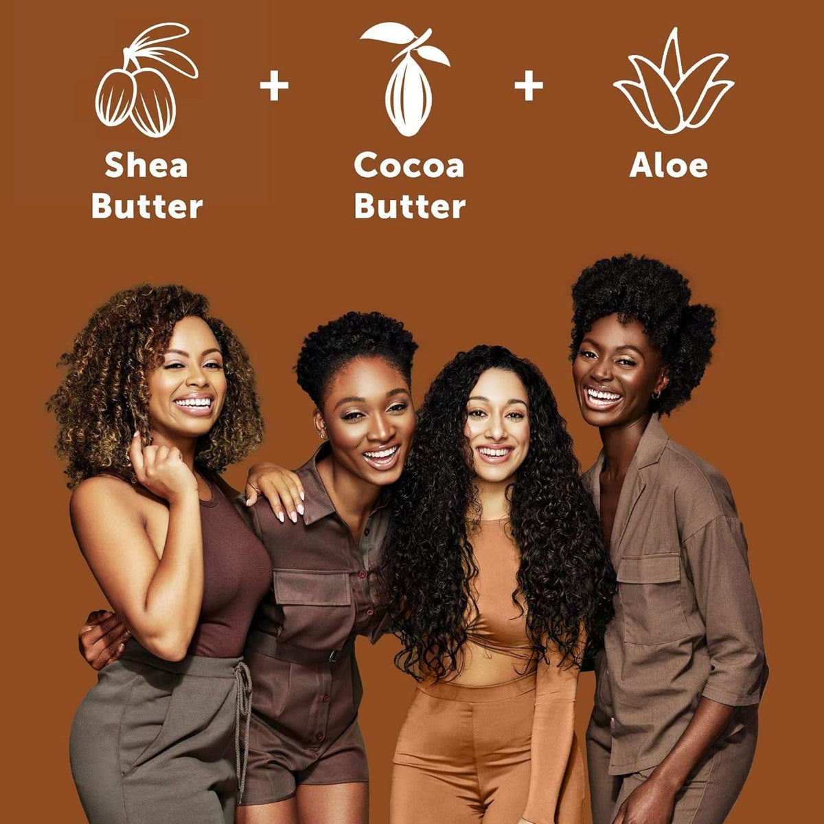 Refect Beauty Cantu body lotion featuring shea butter, cocoa butter, and aloe with four smiling diverse women.