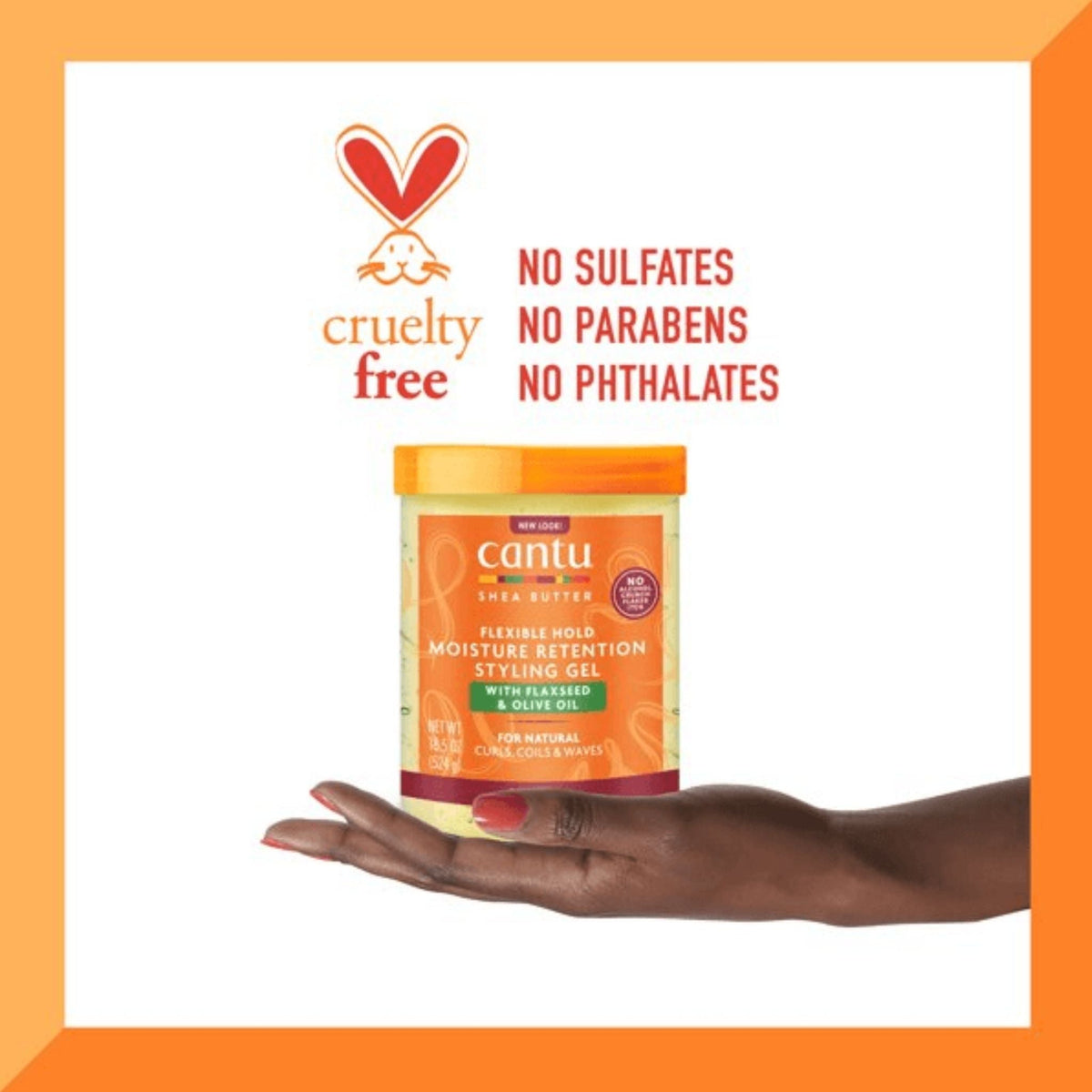 Refect Beauty Cantu styling gel jar held in a hand, featuring shea butter, flaxseed, and olive oil for curly hair.