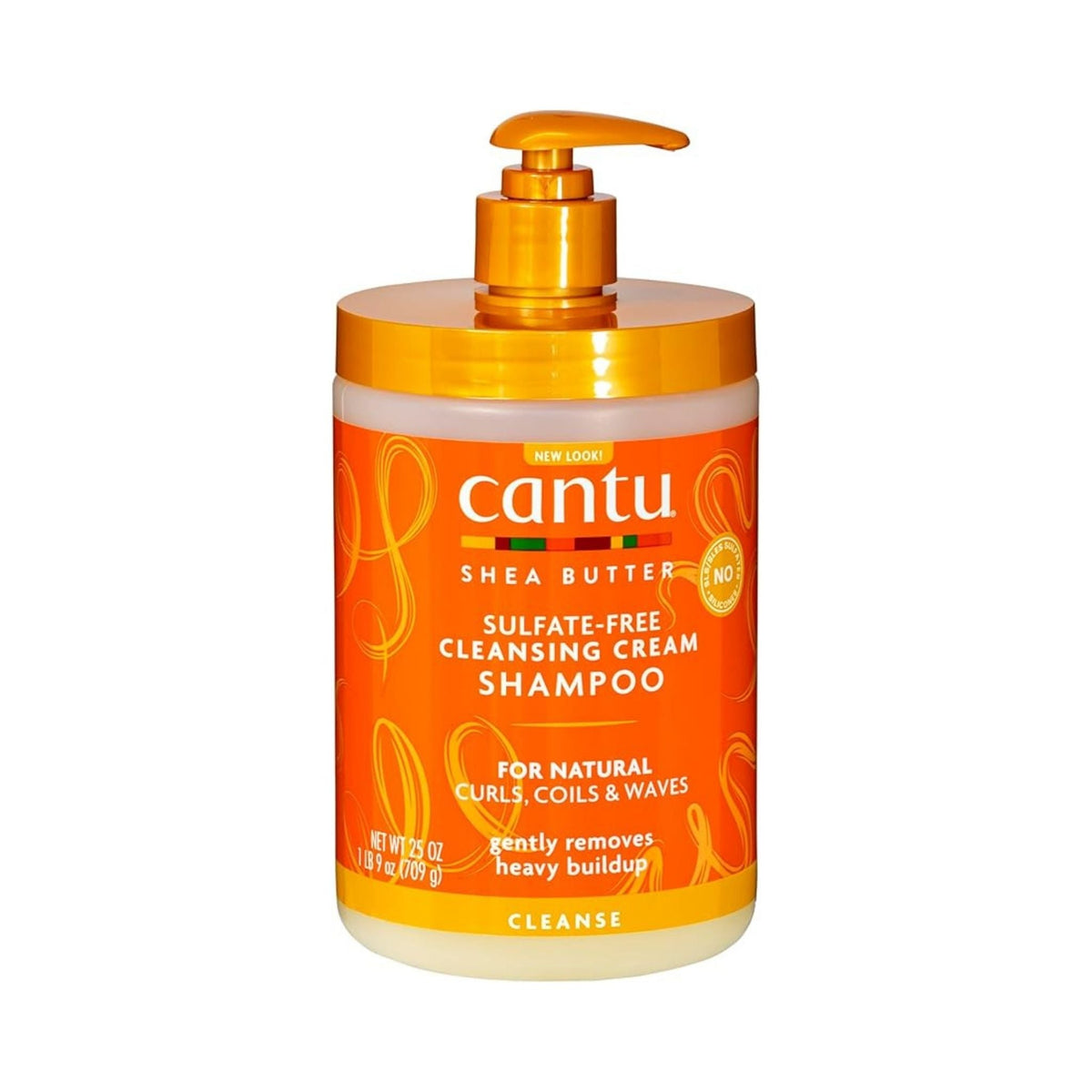 Refect Beauty Cantu sulfate-free cleansing cream shampoo in a large orange bottle with a gold pump dispenser