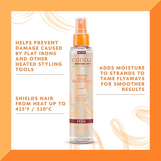 Refect Beauty Cantu Thermal Shield heat protectant spray bottle for hair styling with shea butter and coconut oil.