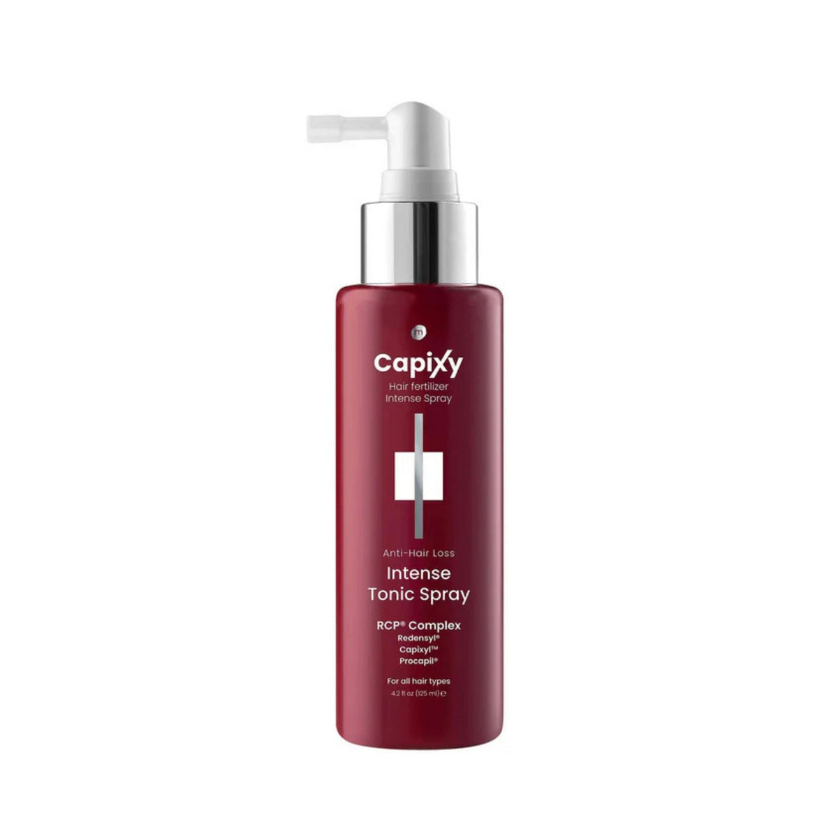 Refect Beauty Capixy intense tonic spray bottle for hair loss treatment with RCP complex in a deep red container.