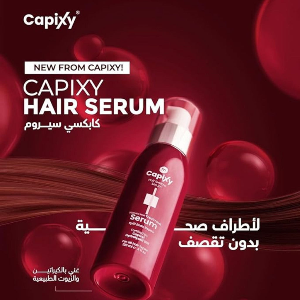 Refect Beauty Capixy Ultimate Hair Treatment Serum bottle in a red promotional setting with floating spheres