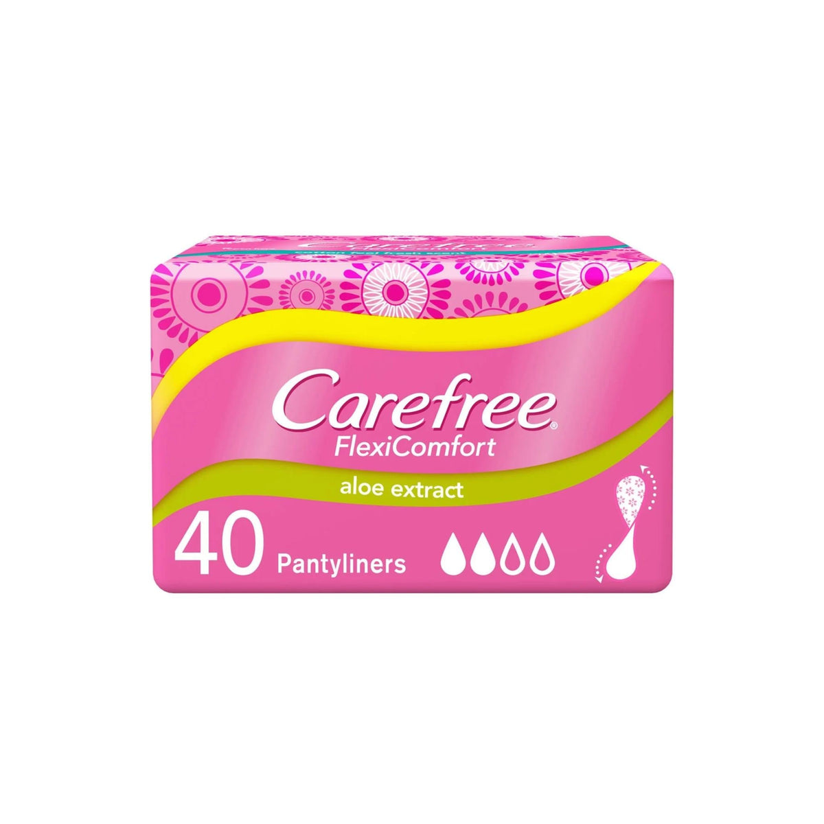 Refect Beauty Carefree FlexiComfort Aloe Extract pantyliners pack of 40 in pink and yellow packaging