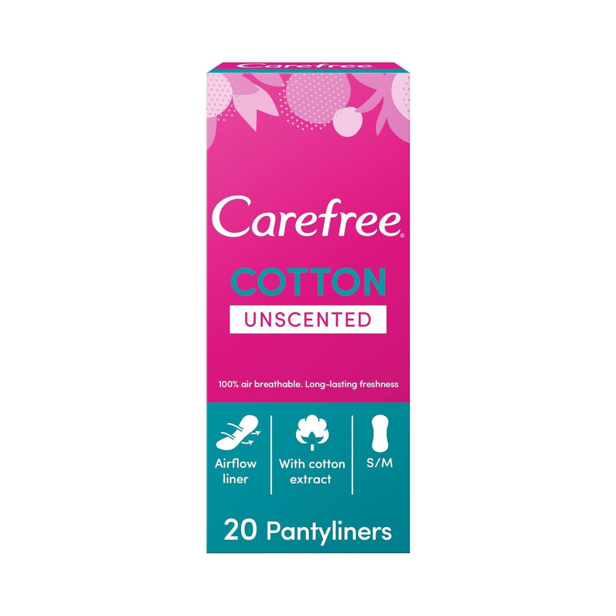 Refect Beauty Carefree Cotton Unscented panty liners box featuring a vibrant pink design with 20 count packaging.