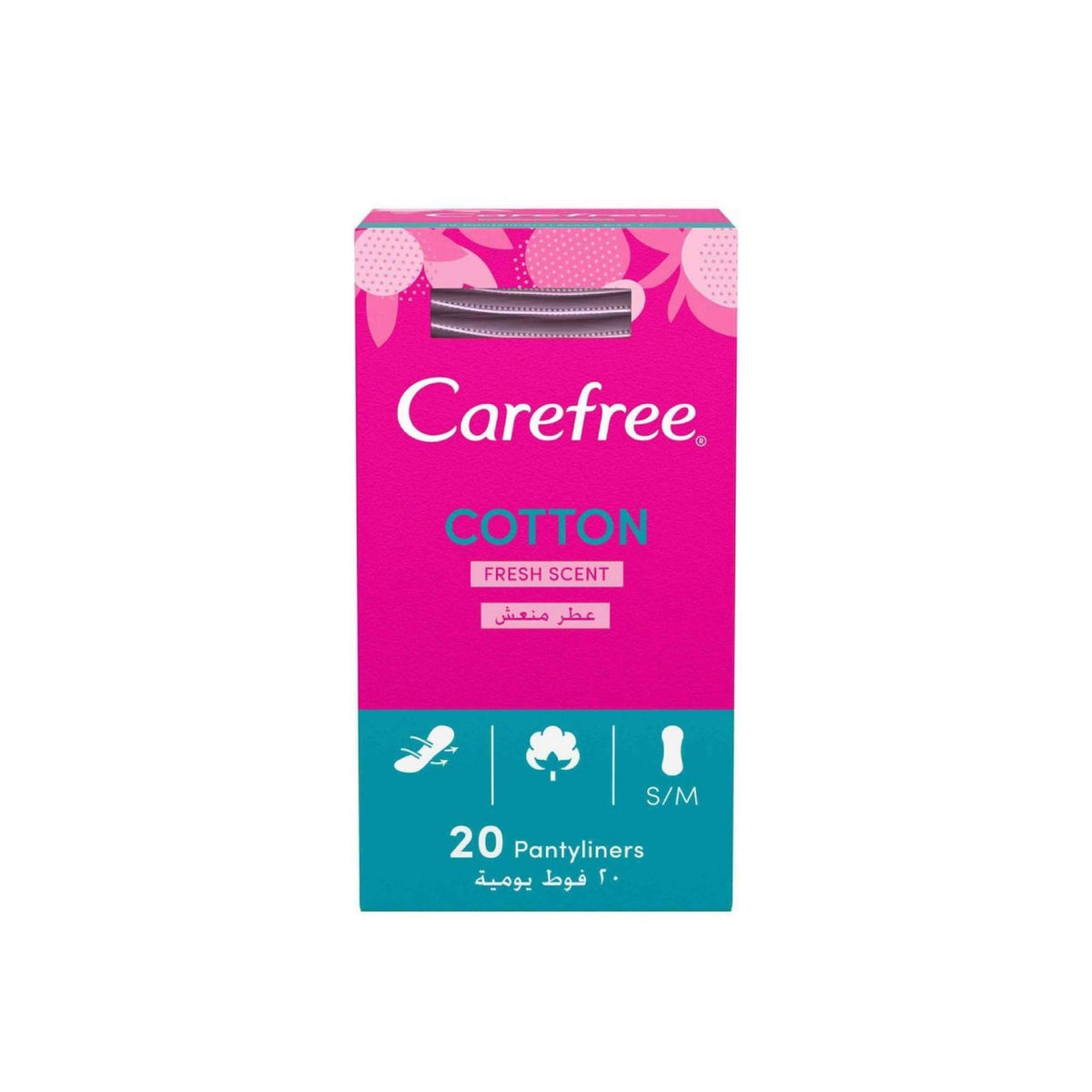 Refect Beauty Carefree Cotton Fresh Scent panty liners box featuring a vibrant pink design and 20 count packaging.