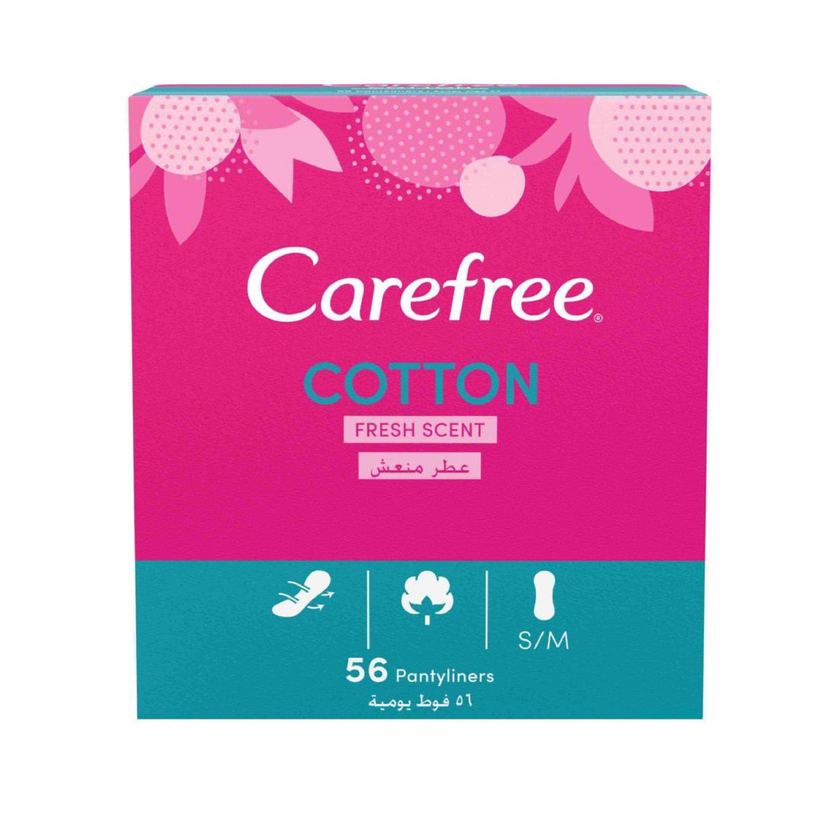 Refect Beauty Carefree Cotton Fresh Scent panty liners box featuring pink and teal packaging with 56 count.