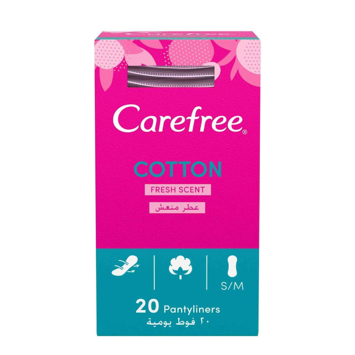 Refect Beauty Carefree Cotton Fresh Scent panty liners box with pink packaging and 20 count label