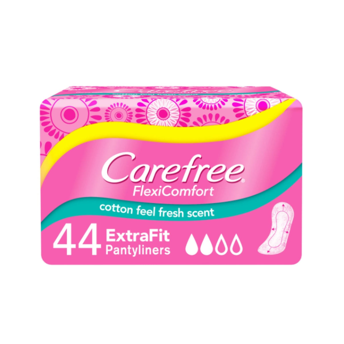 Refect Beauty CAREFREE FlexiComfort ExtraFit panty liners pack of 44 with pink floral design and cotton feel