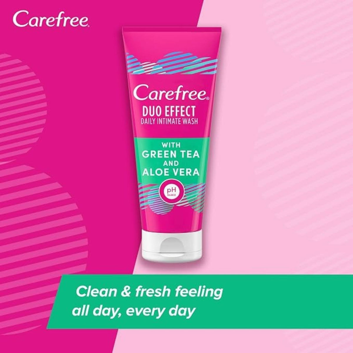 Refect Beauty Carefree Duo Effect intimate wash tube with green tea and aloe vera on a pink and green background.