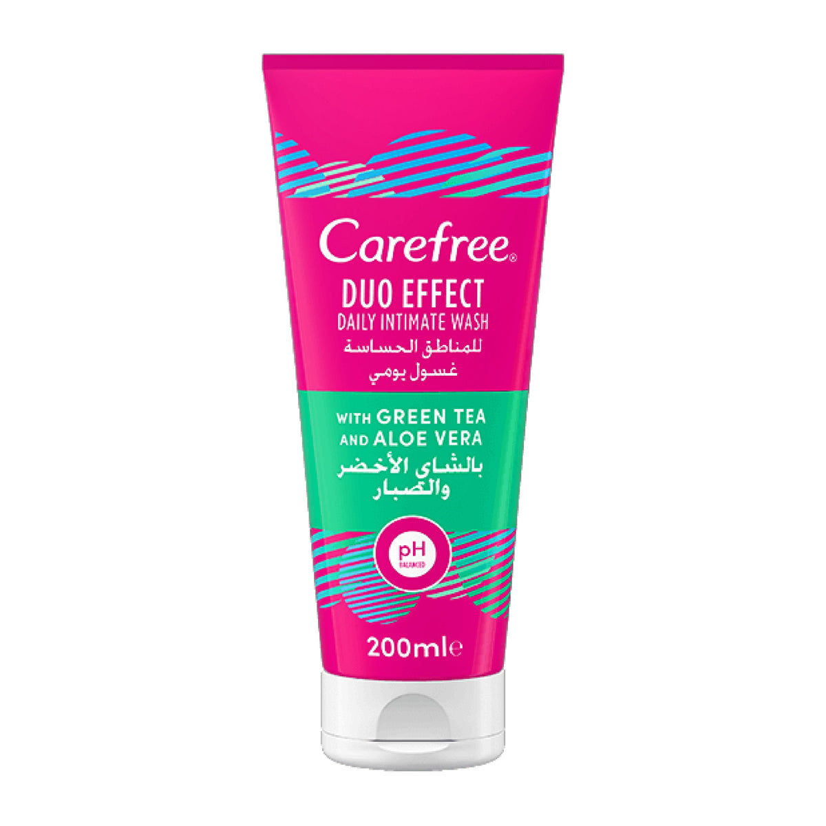 Refect Beauty Carefree Duo Effect intimate wash with green tea and aloe vera in a pink and green 200ml squeeze tube.