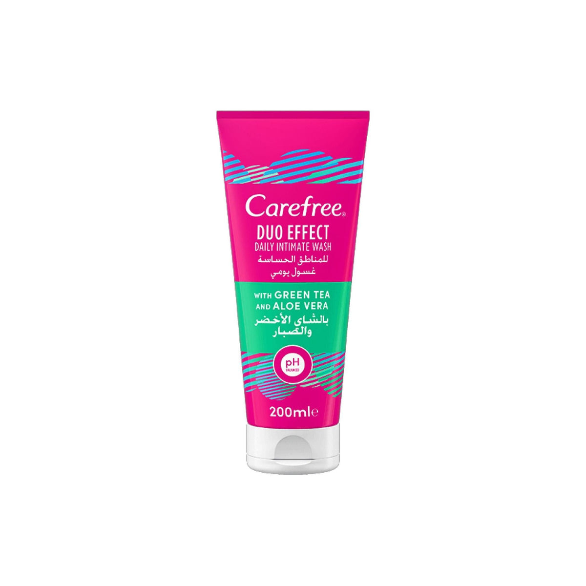 Refect Beauty Carefree Duo Effect intimate wash with green tea and aloe vera in a pink and teal 200ml squeeze tube.