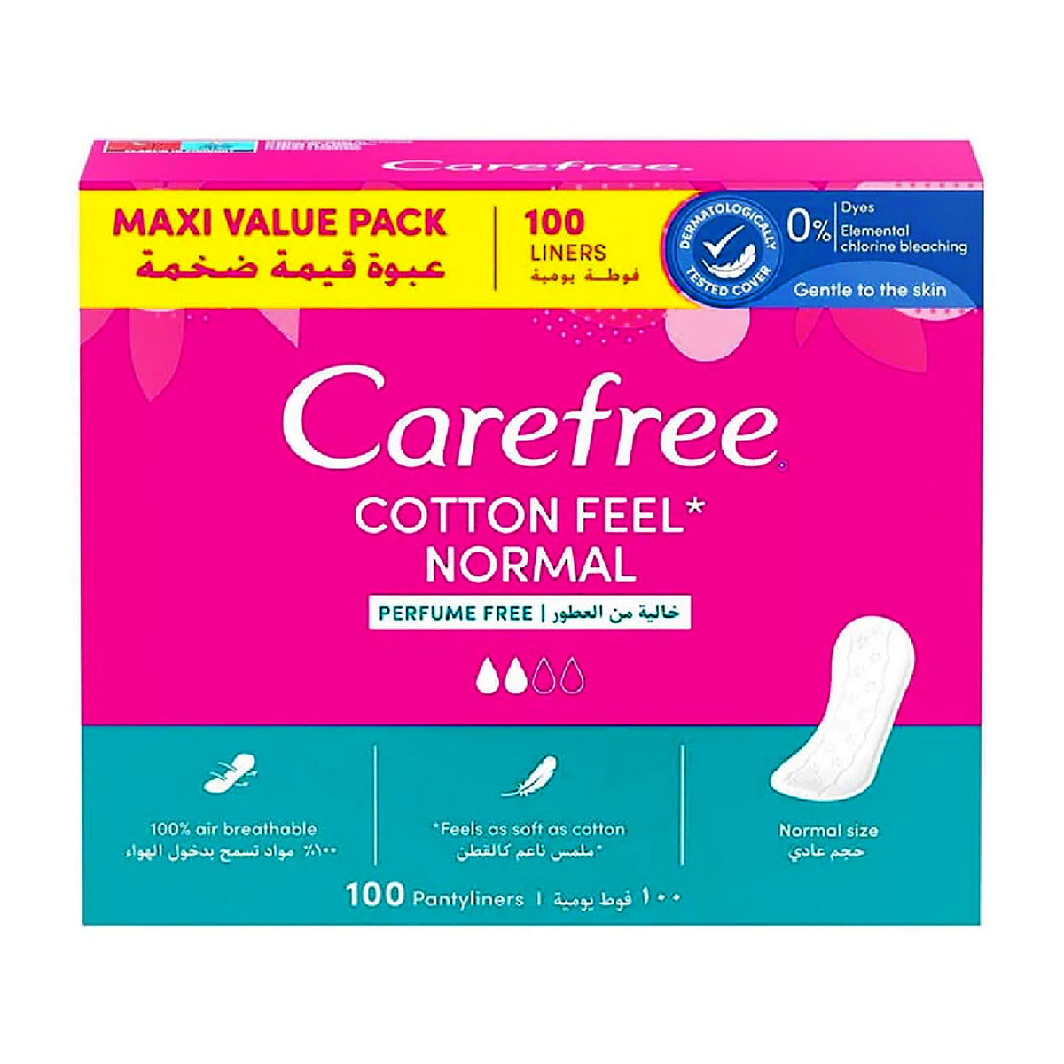 Refect Beauty CAREFREE Cotton Feel Normal panty liners in a 100-piece maxi value pack with breathable design.
