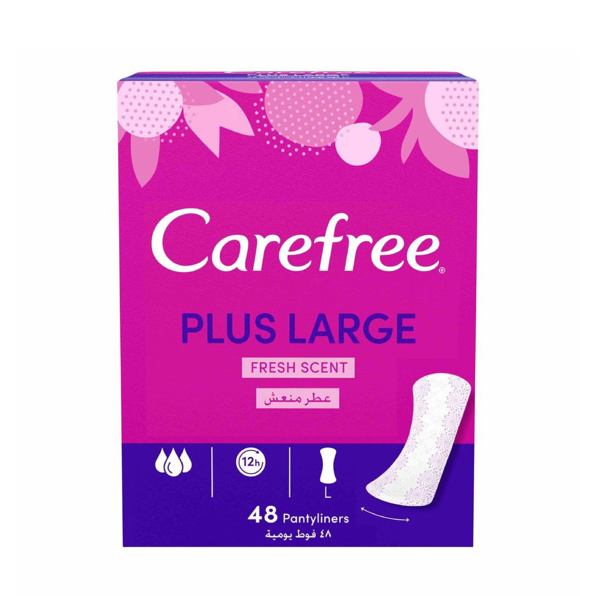 Refect Beauty Carefree Plus Large Fresh Scent panty liners box featuring pink packaging and 48 count label.