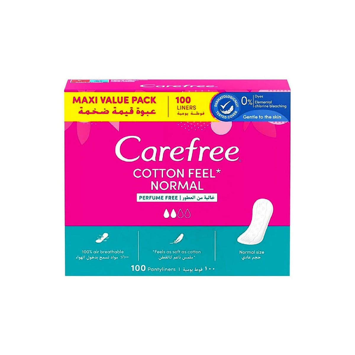 Refect Beauty CAREFREE Cotton Feel Normal panty liners in a 100-piece maxi value pack with breathable design.