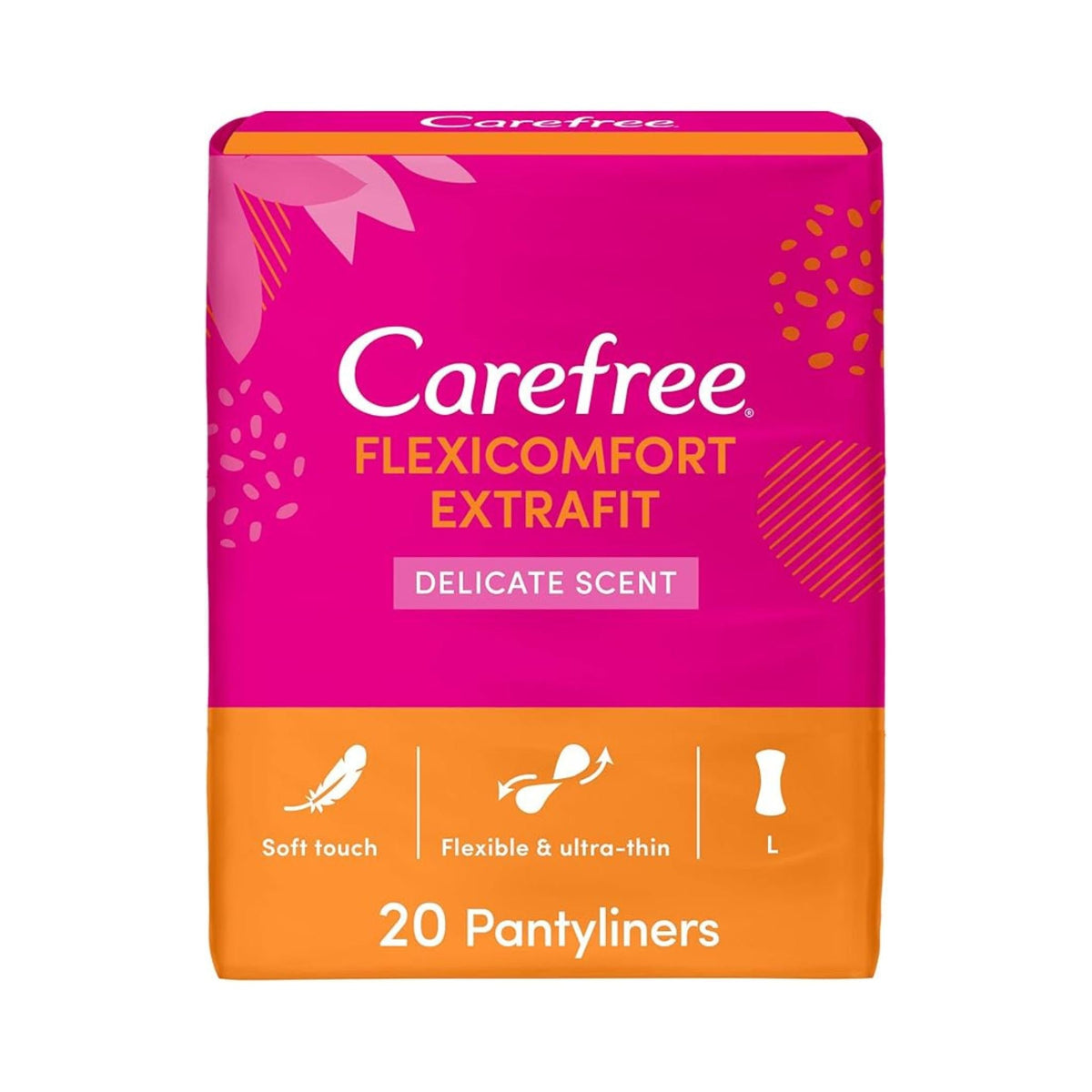 Refect Beauty Carefree Flexi Comfort ExtraFit pantyliner pack with pink and orange packaging and delicate scent label