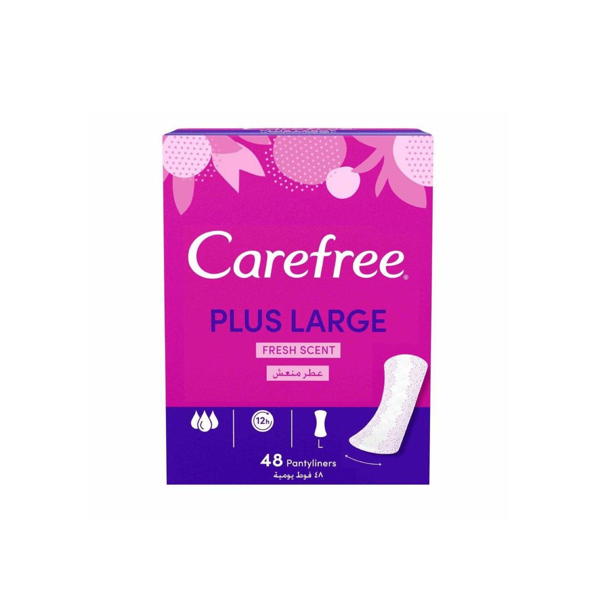 Refect Beauty Carefree Plus Large Fresh Scent panty liners in a purple box with 48 count for daily protection.