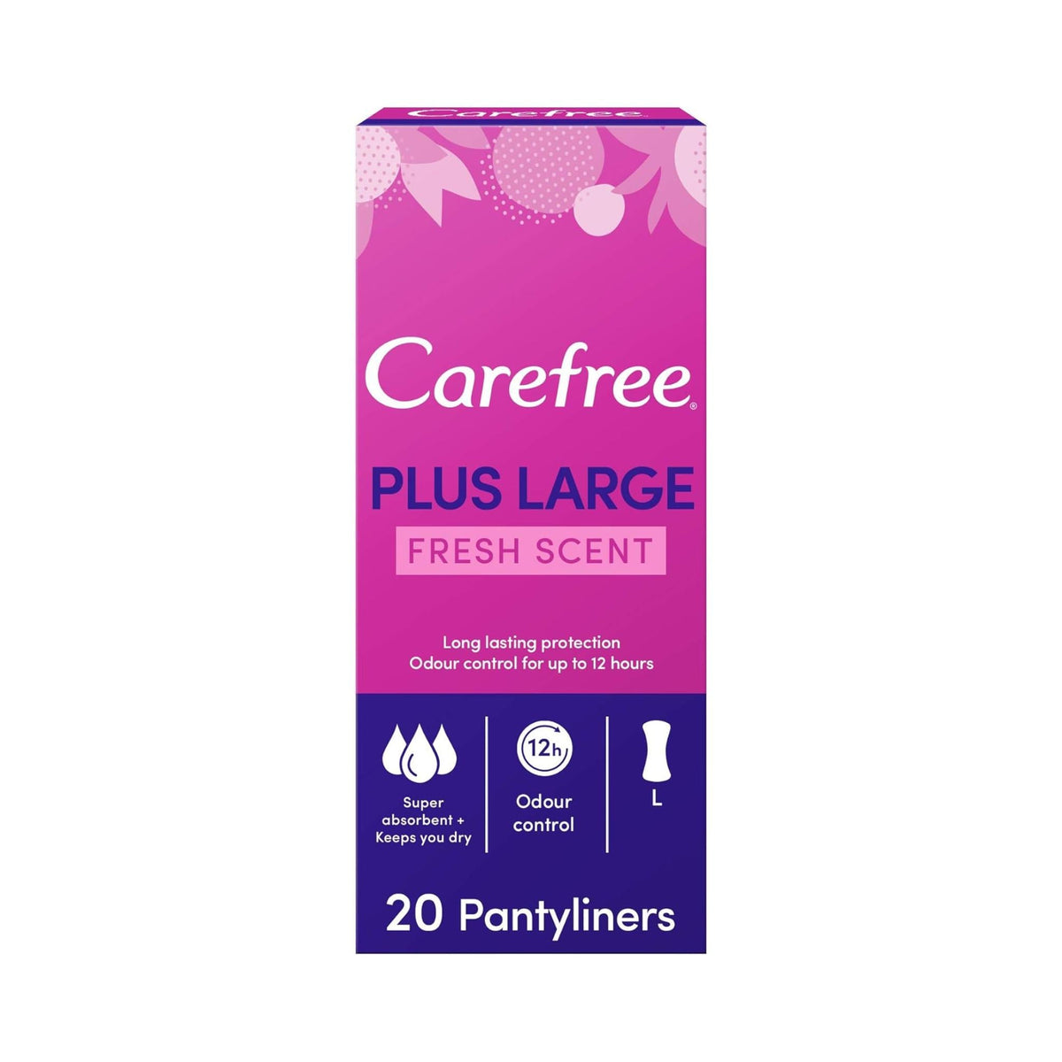 Refect Beauty Carefree Plus Large Fresh Scent panty liners box featuring a vibrant pink design with 20 count label.