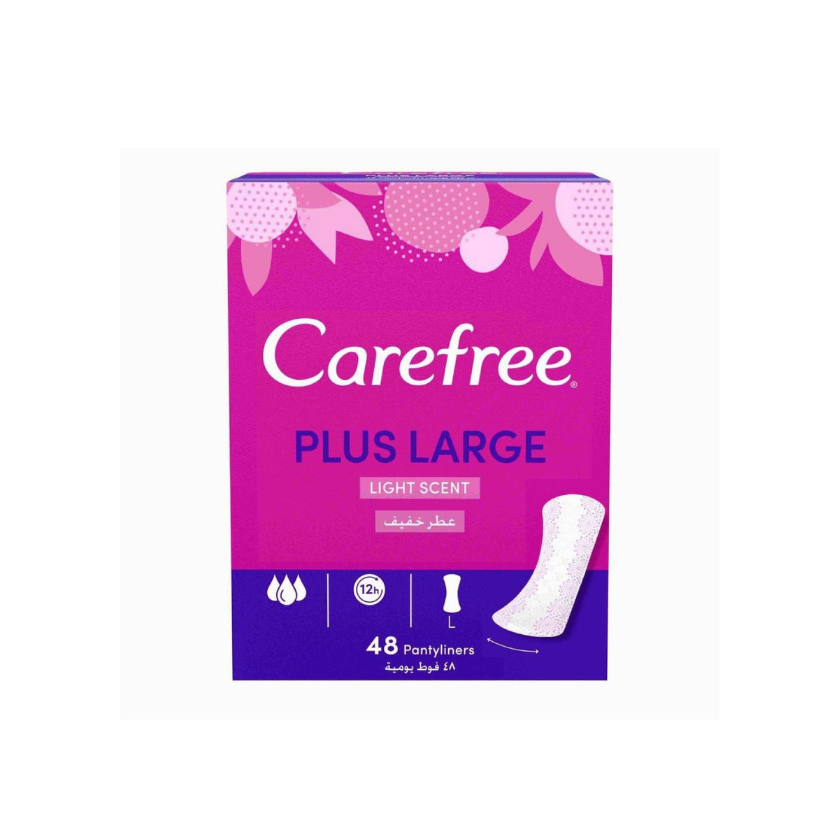 Refect Beauty Carefree Plus Large Light Scent panty liners box with pink packaging and 48 count label