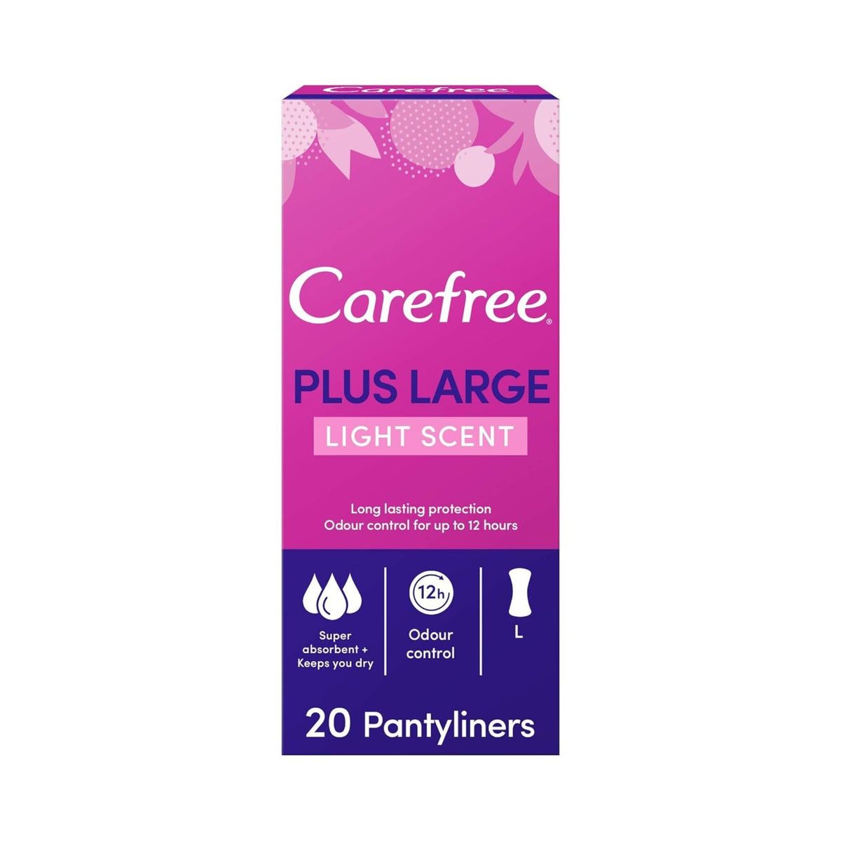 Refect Beauty Carefree Plus Large Light Scent panty liners box with 20 absorbent liners for daily freshness.
