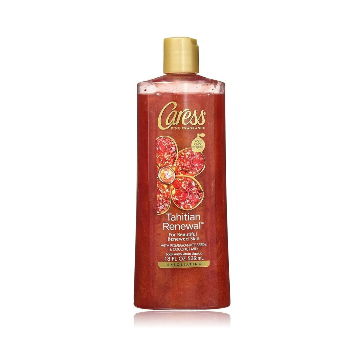 Refect Beauty Caress Tahitian Renewal exfoliating body wash with pomegranate seeds and coconut milk in a red bottle.