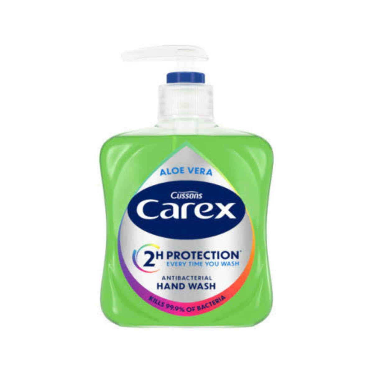 Refect Beauty Carex Aloe Vera antibacterial hand wash in a clear green pump bottle for daily moisturizing protection.