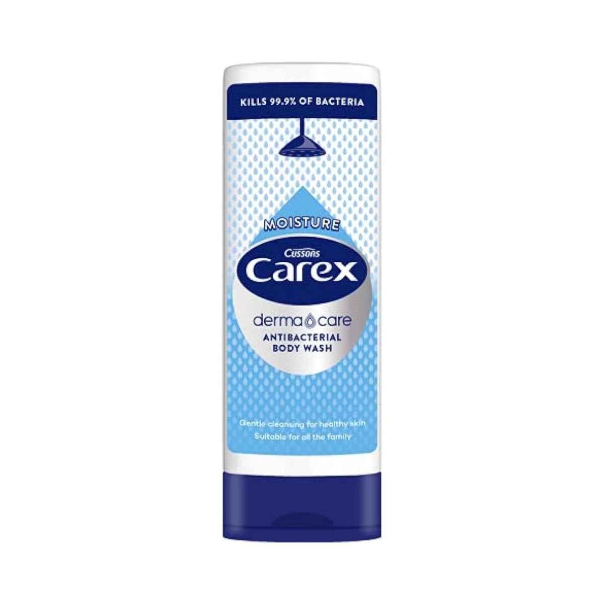 Refect Beauty Carex antibacterial moisturizing body wash in a blue and white bottle for daily skin cleansing
