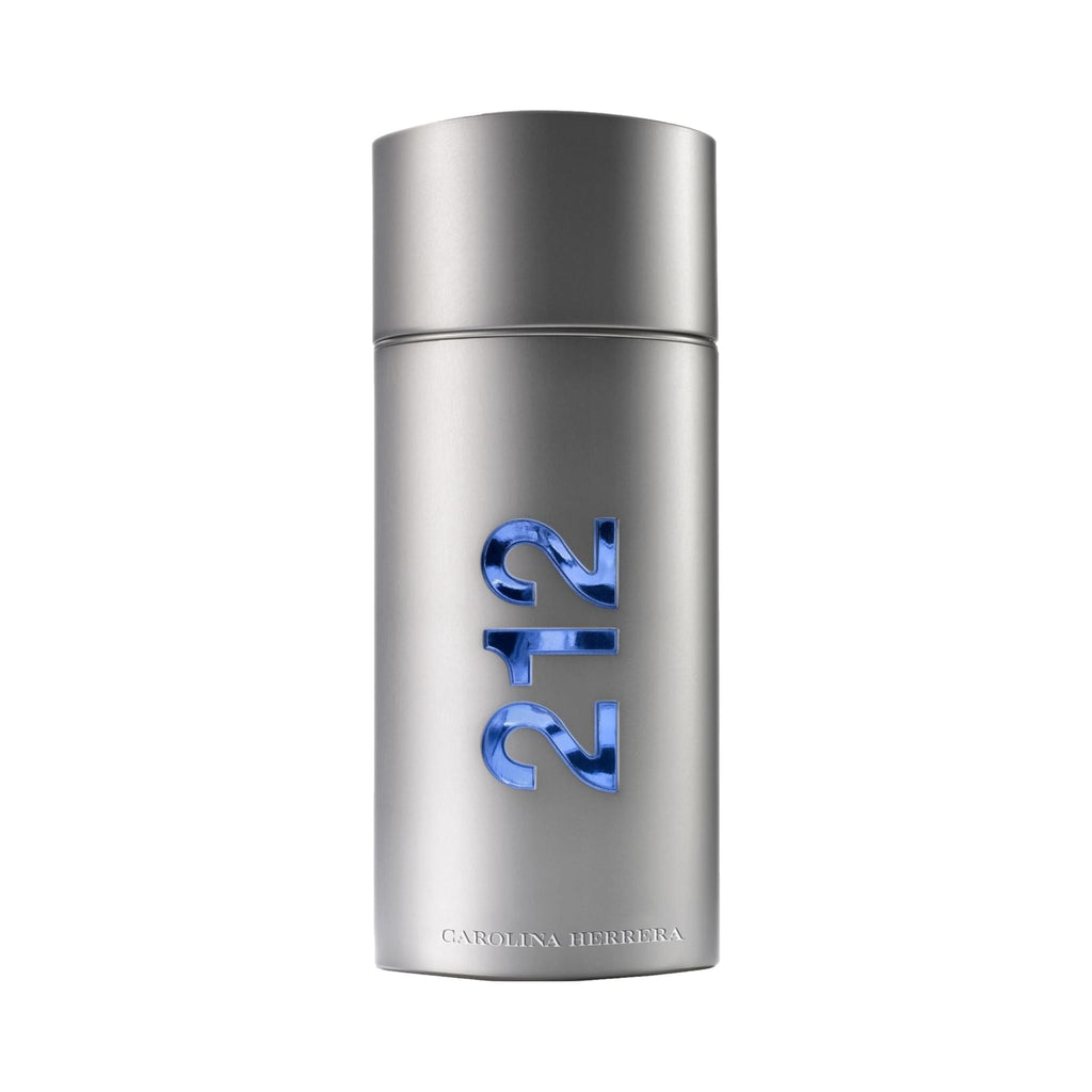 Refect Beauty Carolina Herrera 212 Men NYC eau de toilette in a sleek cylindrical silver bottle with blue lettering.