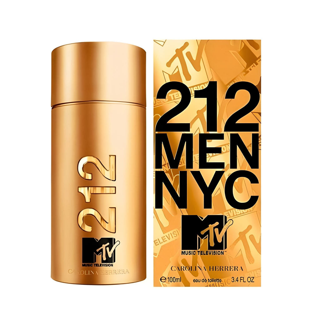 Refect Beauty Carolina Herrera 212 NYC MTV men's eau de toilette in a metallic gold cylindrical bottle and box.
