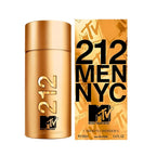 Refect Beauty Carolina Herrera 212 NYC MTV men's eau de toilette in a metallic gold cylindrical bottle and box.