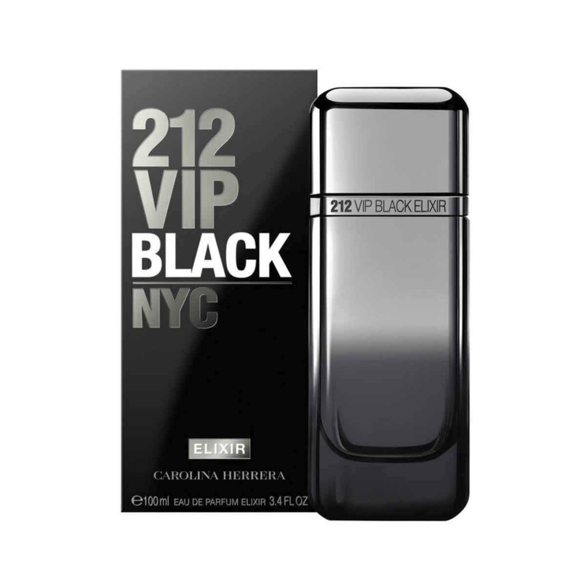 Refect Beauty Carolina Herrera 212 VIP Black Elixir Eau de Parfum bottle with its sleek metallic black-chrome box.