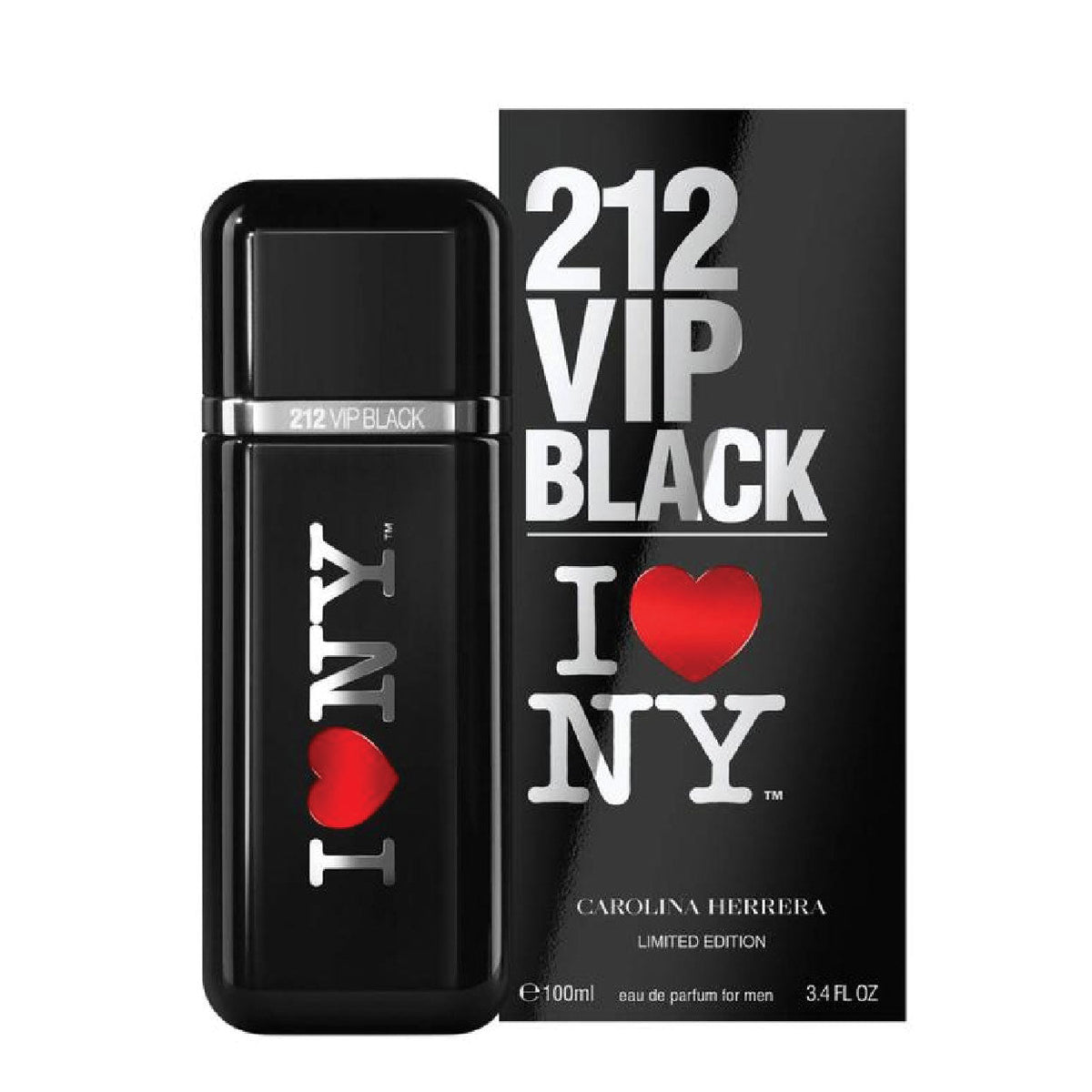 Refect Beauty Carolina Herrera 212 VIP Black I Love NY men's eau de parfum bottle and matching black box packaging.