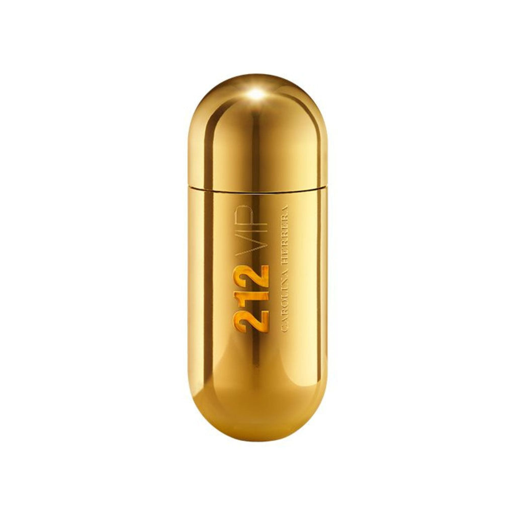 Refect Beauty Carolina Herrera 212 VIP Eau de Parfum for women in a sleek, metallic gold capsule-shaped bottle.