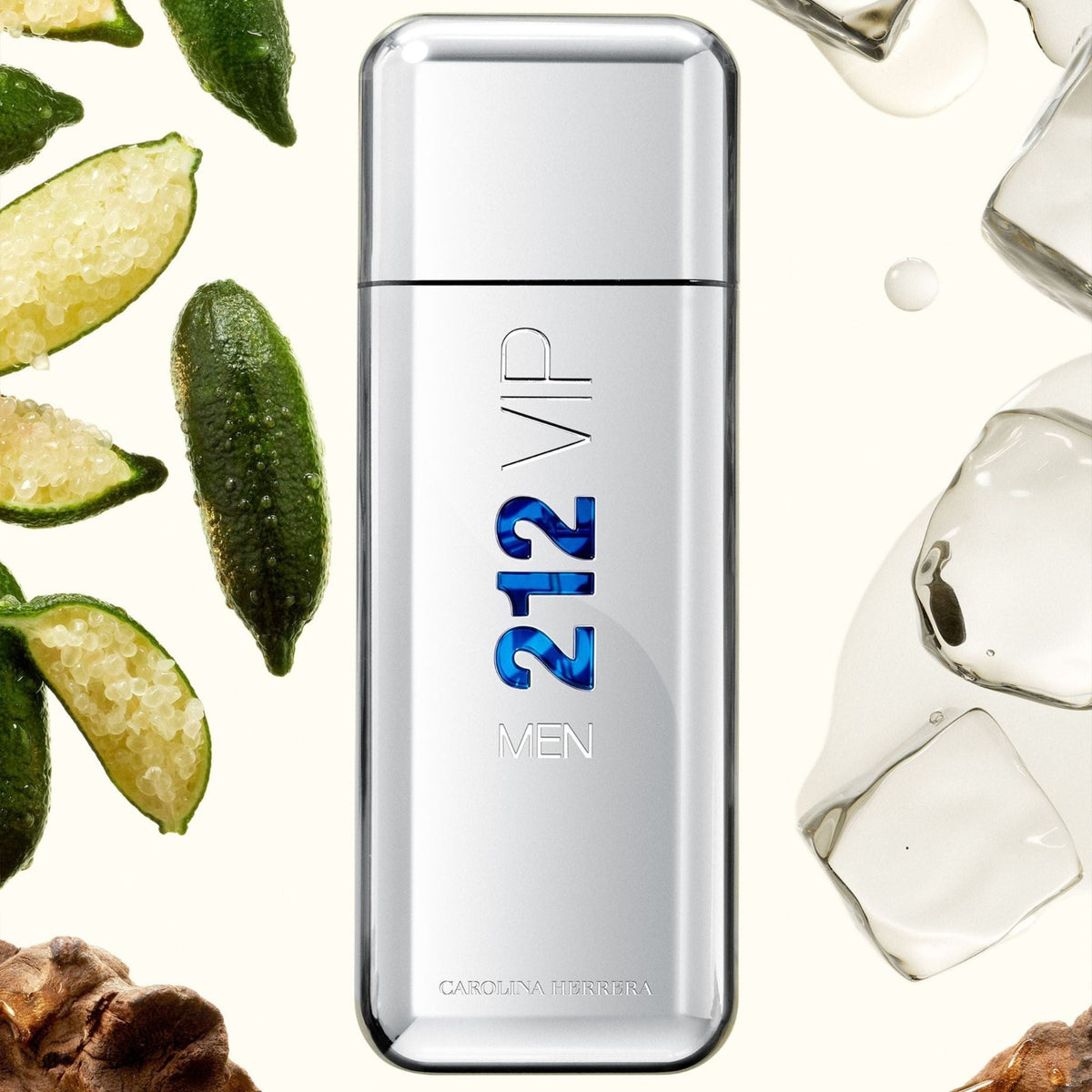 Refect Beauty Carolina Herrera 212 VIP Men Eau de Toilette in a sleek silver bottle with lime and ice accents.