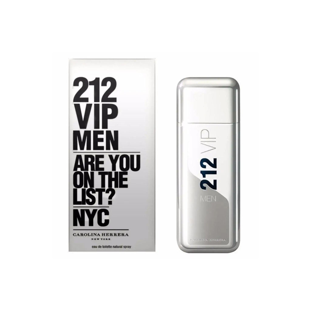 Refect Beauty Carolina Herrera 212 VIP Men Eau de Toilette bottle and box packaging with metallic silver finish.