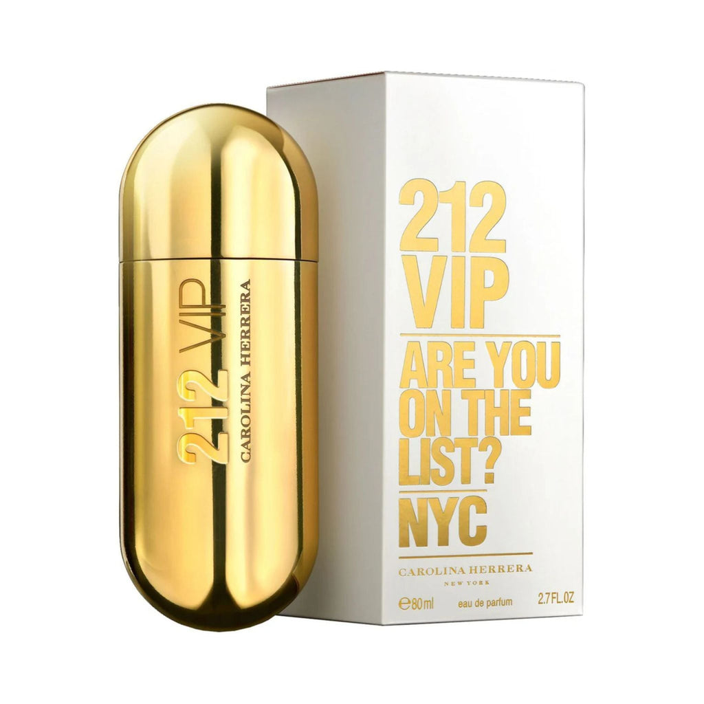 Refect Beauty Carolina Herrera 212 VIP Eau de Parfum for women in a metallic gold capsule bottle with its white box.