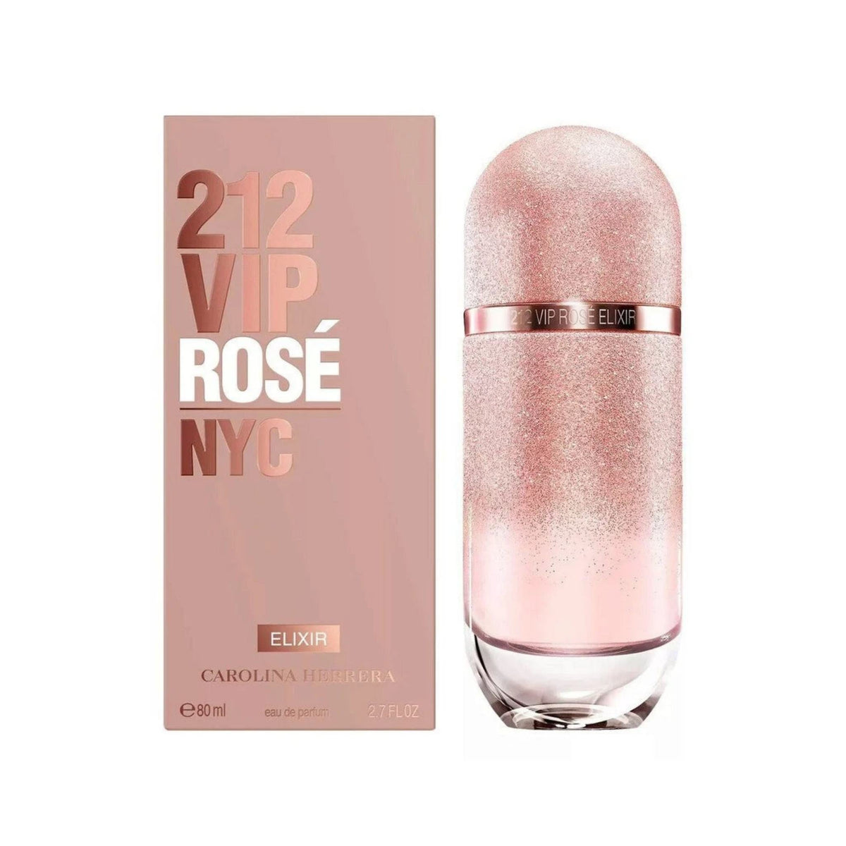 Refect Beauty Carolina Herrera 212 VIP Rose Elixir eau de parfum bottle and box in shimmering pink gradient glass.