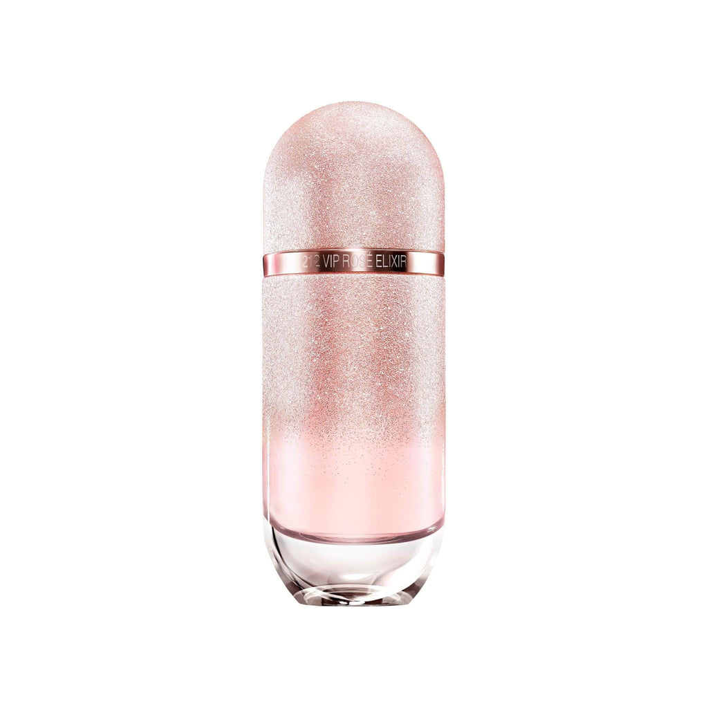 Refect Beauty Carolina Herrera 212 VIP Rose Elixir perfume bottle with a pink glittery ombre glass design
