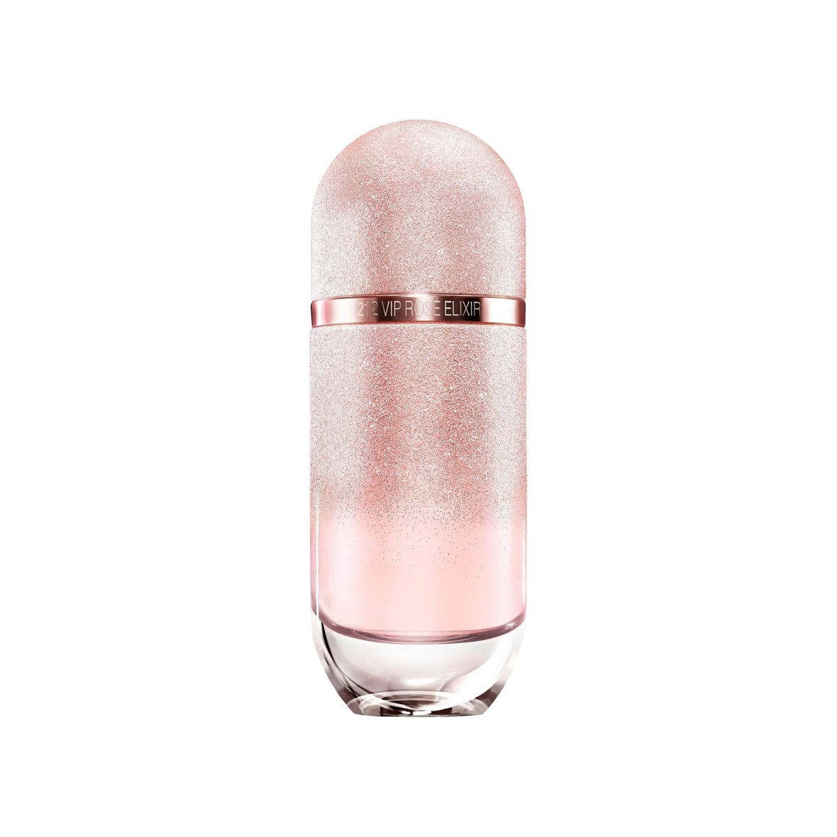 Refect Beauty Carolina Herrera 212 VIP Rose Elixir perfume bottle with a pink glittery ombre glass design