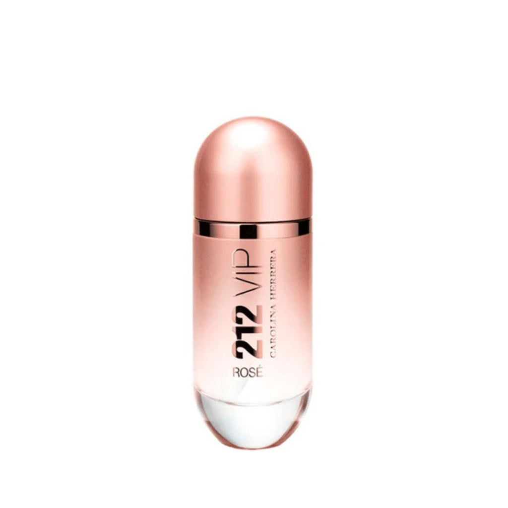 Refect Beauty Carolina Herrera 212 VIP Rosé Eau de Parfum in a sleek, metallic rose gold cylindrical glass bottle.