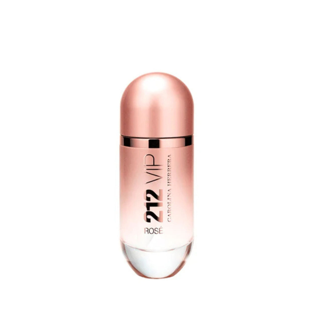 Refect Beauty Carolina Herrera 212 VIP Rosé Eau de Parfum in a sleek, metallic rose gold cylindrical glass bottle.