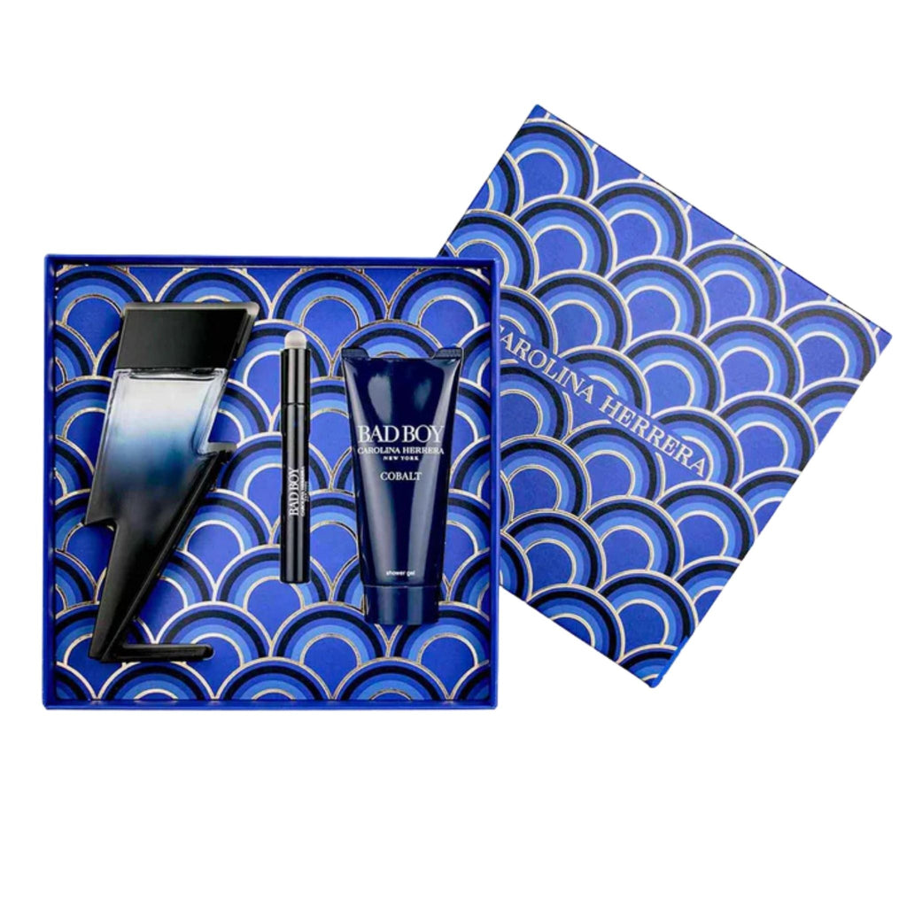 Refect Beauty Carolina Herrera Bad Boy Cobalt gift set featuring a lightning bolt perfume bottle, travel spray, and gel